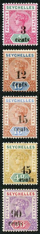 Seychelles SG15/21 1893 Baic set of 5 surcharges (no diffrent dies) M/Mint