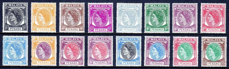 MALAYA (PENANG) — SCOTT 29-44 (SG 28-43) — 1954-55 QEII SET — MNH — SCV $73.60