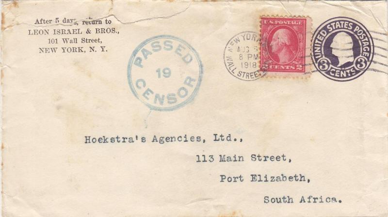 1918, New York, NY to Port Elizabeth, South Africa, Censored, See Remark (C2297)