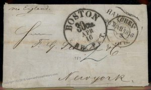 Hamburg 1856 Boston Germany Stampless Cover New York 92895