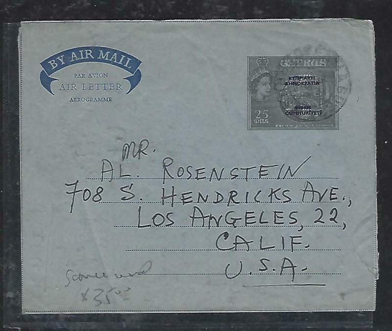 CYPRUS (P2408B) COVER PS AEROGRAM QEII  25 M OVPT 1961 FAMAGUSTA TU USA