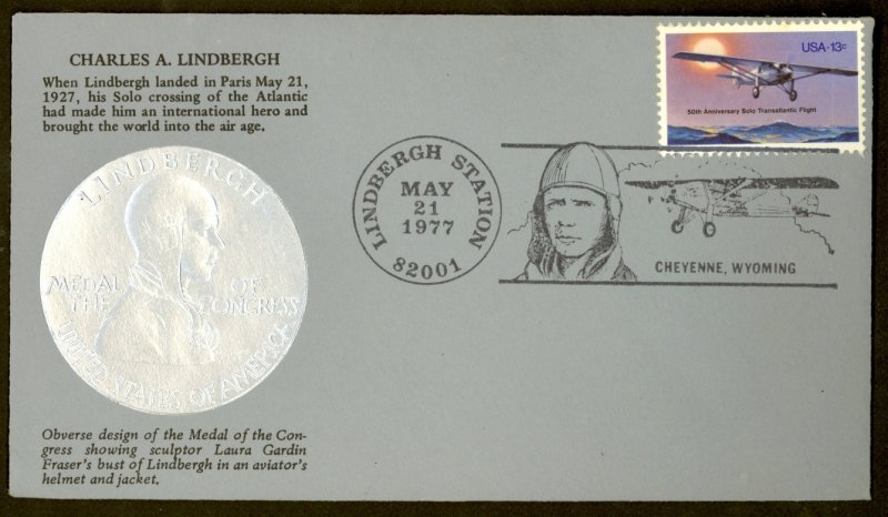 USA 1977 CHARLES LINDBERGH PARIS LANDING Event Cover CHEYENNE WYOMING Sc 1710
