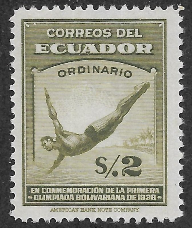 Ecuador s/.2 Diving Olympic Swimmer issue of 1939, Scott 381, MLH