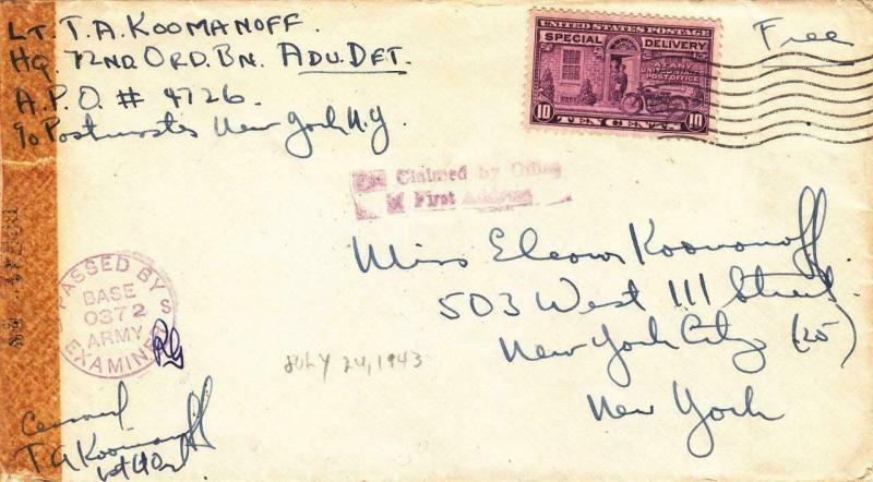 1943, APO 4726, 72nd Ord. Batt. to New York City, NY, See Remark (M3281)