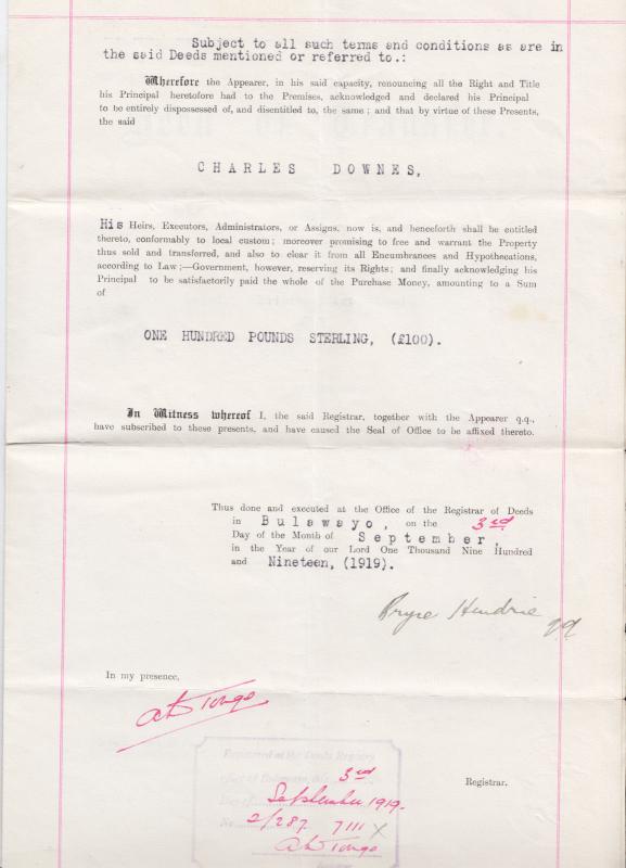 Rhodesia Sc 118c/136 on 1919 Deed of Transfer, Fresh & VF   