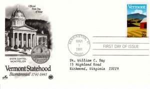 USA 1991 Sc 2533 PCS FDC Artcraft Typed Vermont Statehood Bicentennial