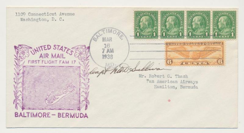 USA - BERMUDA 1938 PILOT SIGNED FIRST FLIGHT COVER (FAM 17) 6c+4x1c(SEE BELOW)