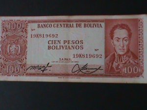 ​BOLIVIA-1962-CENTRAL BANK $100 BOLIVIANOS.LT.CIRULATED NOTE-VF-62 YEARS OLD