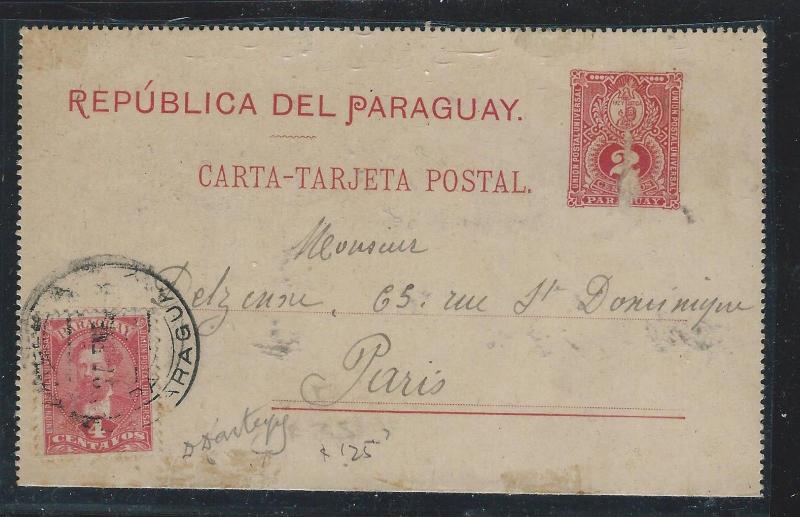 PARAGUAY (P2309B) 1893 2C PSC UPRATED 4C TO PARIS FRANCE