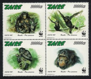 Zaire WWF Bonobo 4v in block 2*2 1997 MNH SC#1466 a-d MI#1339-1342