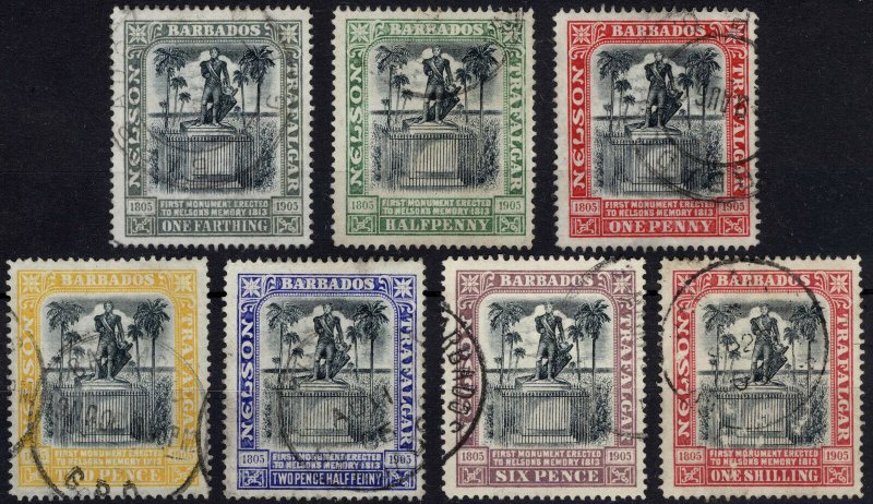 Barbados 1906 1/4d-1s Nelson WmkCrnCC SG 145-151 Scott 102-108 VFU Cat£75($121)