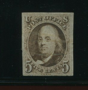 Scott 1 Franklin Imperf Used Stamp  (Stock 1-187)