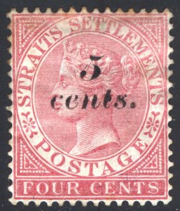 Malaya Straits Settlements 1882 5c on 4c Rose Wmk CC Scott 32 SG 47 MH Cat $536
