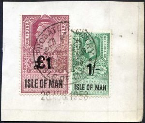 Isle of Man KGVI One Pound and 1/- Key Plate Type Revenues CDS on Piece