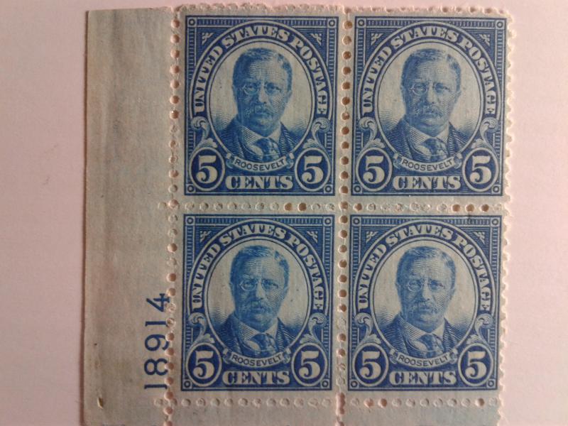 SCOTT # 637 ROOSEVELT PLATE BLOCK  MINT NEVER HINGED GEM 1927