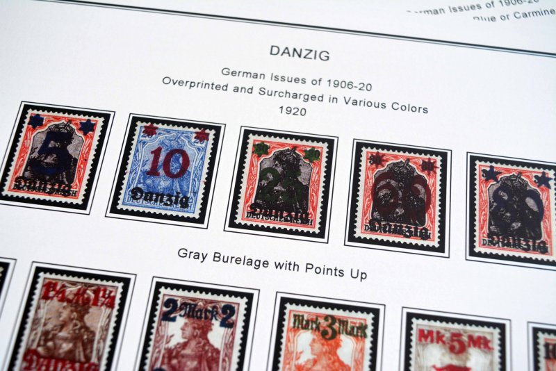 COLOR PRINTED DANZIG / GDANSK 1920-1939 STAMP ALBUM PAGES (45 illustrated pages)