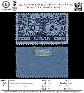 4552: Lebanon SG D145 50pi Black on Blue Postage Due. 1928. Sc# J26 Mi P26 Us...