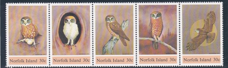 Norfolk Island # 343, Boobook Owls, Strip of Five, NH, 1/2 Cat.