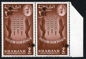 Sharjah 1963 SG39var 20np on 2np in pair OVPT INVERTED VFM