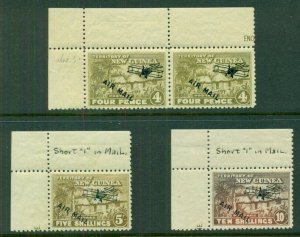 NEW GUINEA #C6,11-12, Airmails each showing SHORT I in MAIIL variety, NH/LH