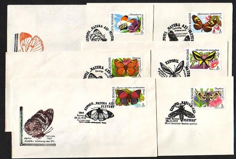 Romania, 1992 issue. 25-30/SEP/92 issue. Butterfly cancels on 6 Cachet covers.