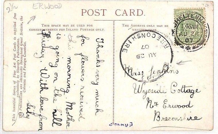 AL130 GB WALES 1907 *Erwood Breconshire*Skeleton Postmark Postcard ex Cheltenham