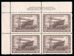 Canada #260 Cat$77.50, 1942 20c chocolate, plate block of four, never hinged