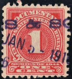 R207 1¢ Documentary Stamp (1914) Used/Date Stamp