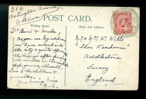 ?  1908 Edward 2 cent to England 3 ring orb,Ottawa used postcard Canada