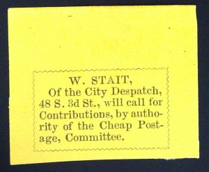 Eagle City Post, Philadelphia, - Stait's Despatch - Label - W. Stait