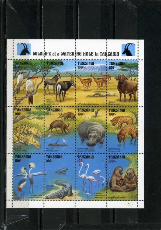 TANZANIA 1993 Sc#1000 FAUNA/WILDLIFE AT WATERING HOLE SHEET OF 12 STAMPS MNH