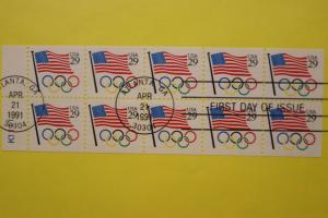 US sc#2528 FDC First Day Souvenir Page Olympic Rings Flag Booklet pane used 1991