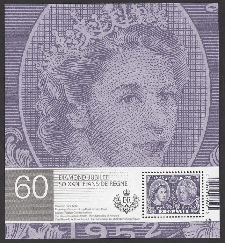 Canada #2540a MNH ss, Queen Elizabeth II diamond jubilee, issued 2012