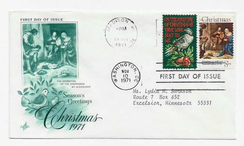 US 1444 & 1445 8c Christmas Issue on 1 FDC Artcraft Cachet Variety ECV $25.00