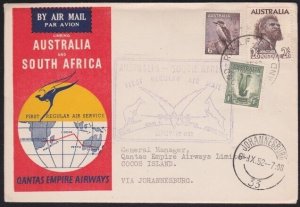 COCOS ISLAND 1952 Qantas flight cover to Sth Africa - RAAF PO COCOS cds....B4183