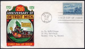 SC#1000 3¢ Landing of Cadillac FDC: Cachet Craft, Boll (1951) Addressed