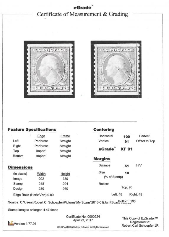 494 3 cent Washington, Violet coil Stamp mint OG NH EGRADED XF 91 XXF