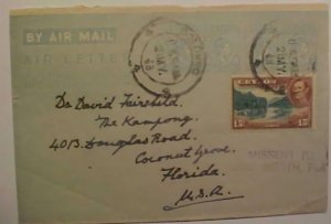 CEYLON AIR LETTER 21-5-48 MISSENT TO LAKE WORTH FLORIDA B/S COCONUT GROVE