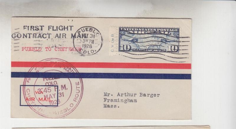 UNITED STATES, 1926 Pueblo, Colorado to Cheyenne, Wyoming ffc.