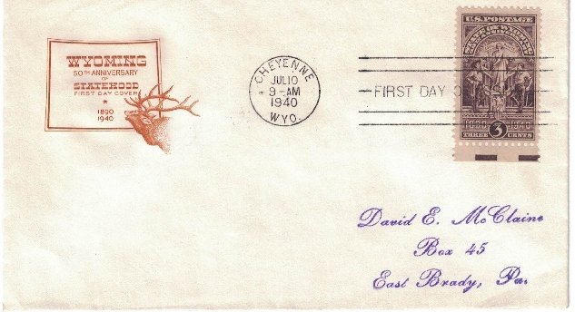 #897 FDC, 3c Wyoming 50th, 4 diff. cachets