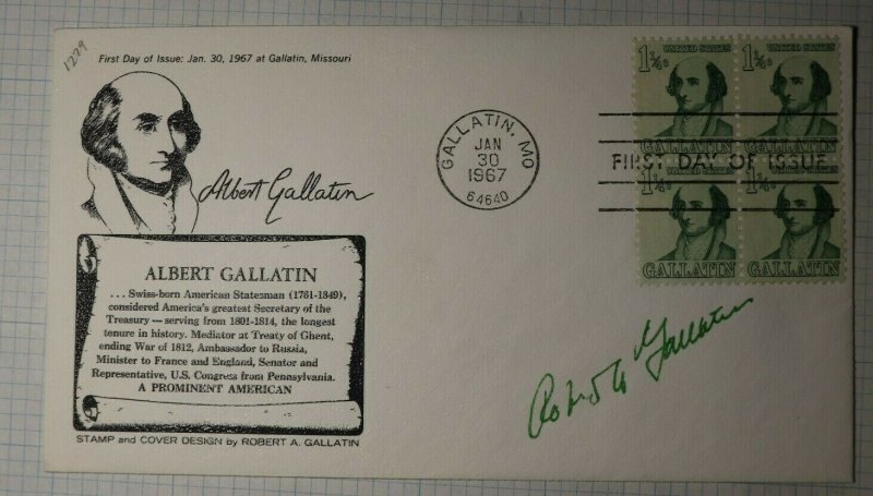 US FDC Sc# 1229 Albert Gallatin Signed By Designer Gallatin MO 1967