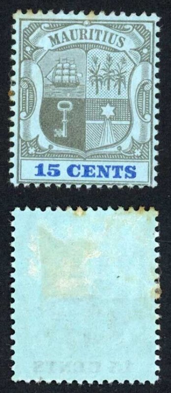 Mauritius SG150 15c Black and Blue/Blue Wmk CA M/M (tone spots) Cat 65 pounds