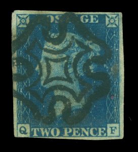 GB 1840 Queen Victoria  2d deep blue lettered Q-F Sc# 2 (SG 5, Mi 2) used F/VF