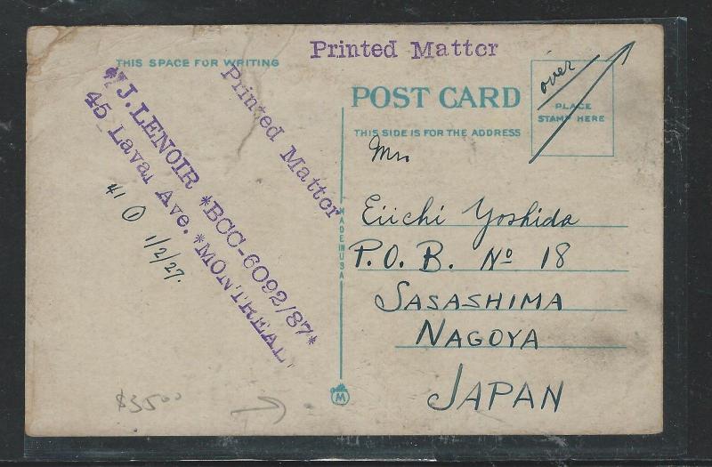 CANADA  (P2504B) KGV 1927 PPC 2C GREEN ADMIRAL+1C YELLOW VACOUVER TO JAPAN