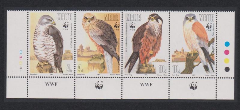 Malta WWF Migratory Birds of Prey Strip of 4v with WWF Logo SG#898-901