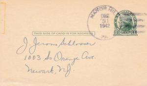 United States Pennsylvania Manor Hill 1942 4a-bar  1909-1942  Postal Card  Ph...