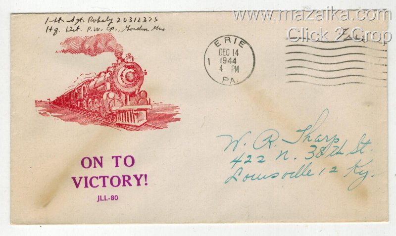 WW2 Patriotic 1944 RAILROAD TRAIN ON TO VICTORY COLOR VAR. #2 RED/VIOLET ERIE PA
