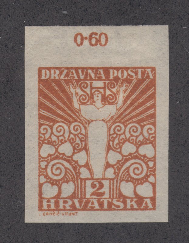 Yugoslavia Sc 2L32,Mi 88U MLH. 1919 2f Croatia-Slavonia imperf with sheet margin