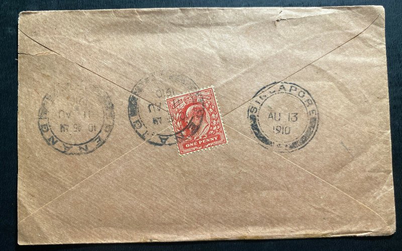 1910 Penang Malaya Paqueboat Cover To Singapore Back Postage