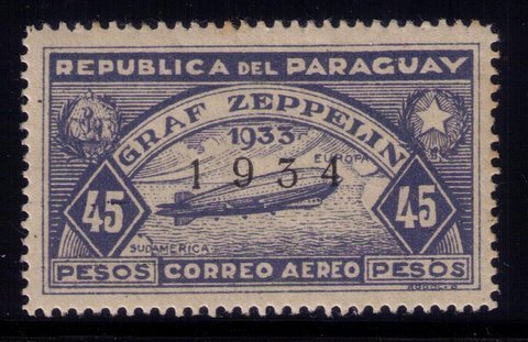 PARAGUAY #C92 AIIRSHIP GRAF ZEPPELIN MINT ,VERY LH , OG OVERPRINTED 1934 VF/XF